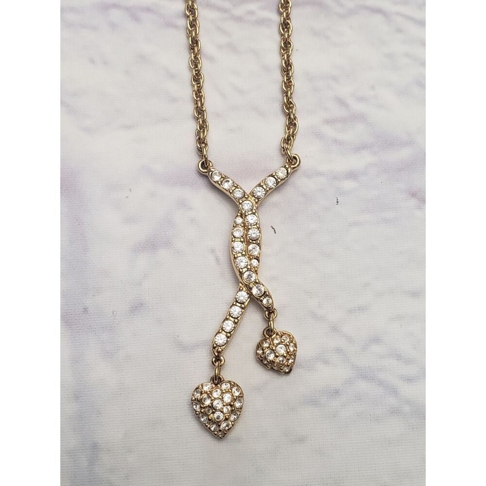 SWAROVSKI Vintage Goldtone Rope Chain Double Dangling Hearts Necklace
